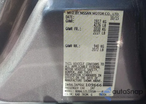 2016 Nissan Altima 2.5 Sv z USA, uszkodzony, nr VIN 1N4AL3AP6GC109666